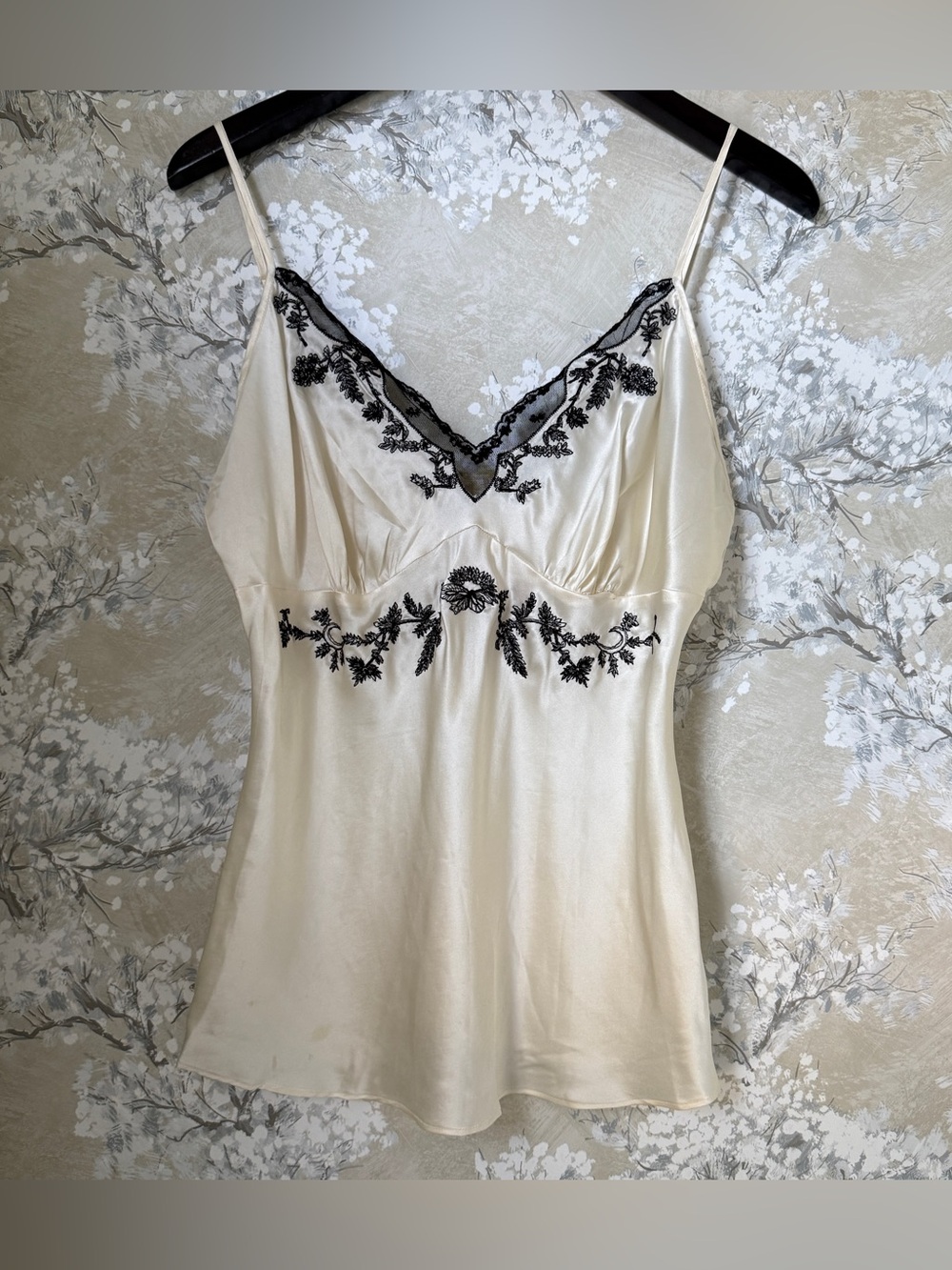 Vintage Y2K Fairy 100% Silk Bias Cut Beaded Embroidered Lace Cami Tank L